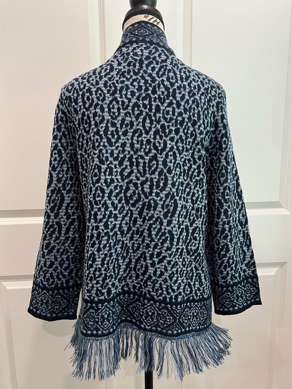 Ruby Rd. Black/Light Blue Patterned Fringe Open-Front Cardigan, XL - Picture 3 of 6